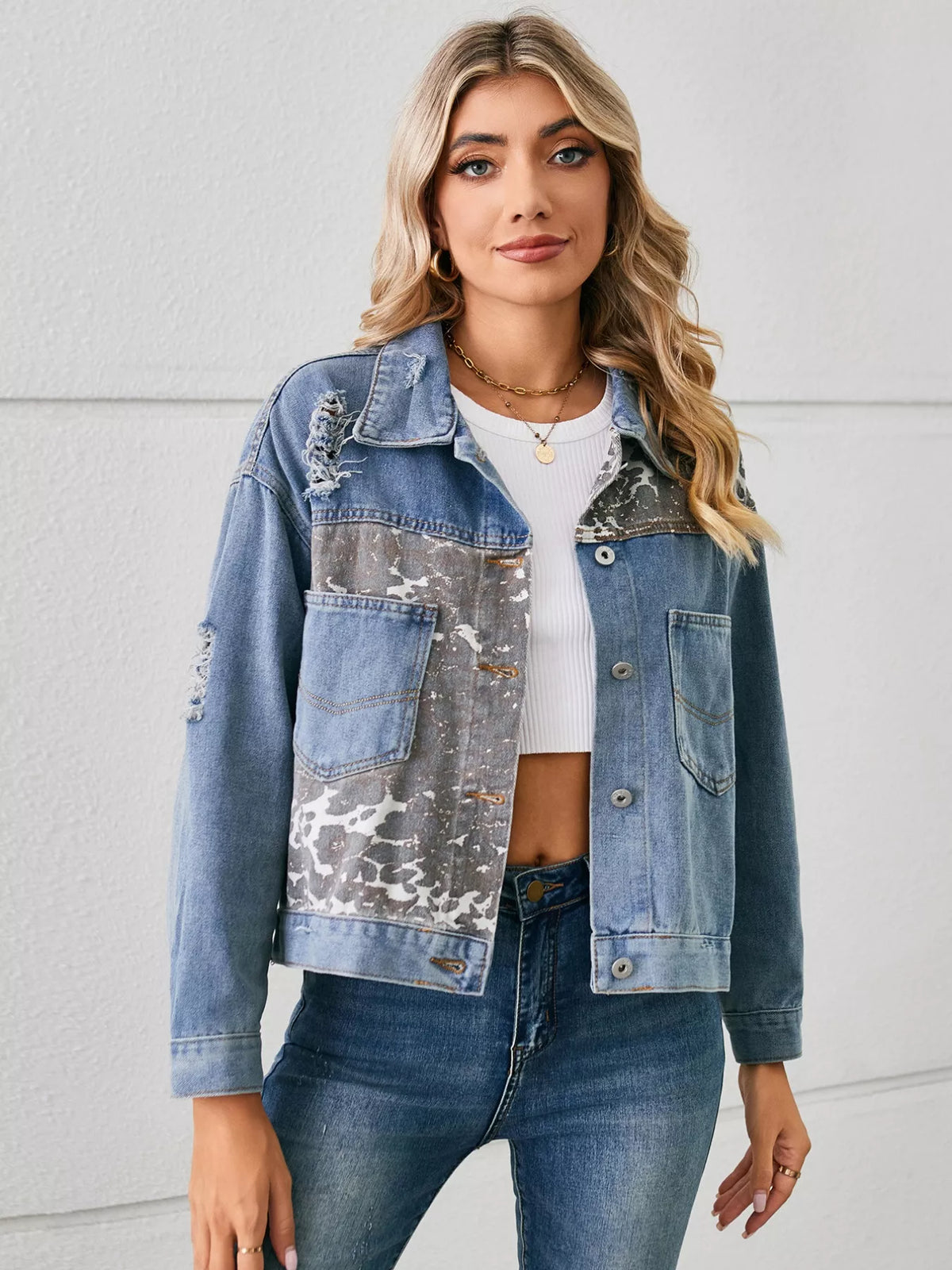 Snake Print Button Up Denim Jacket view 11