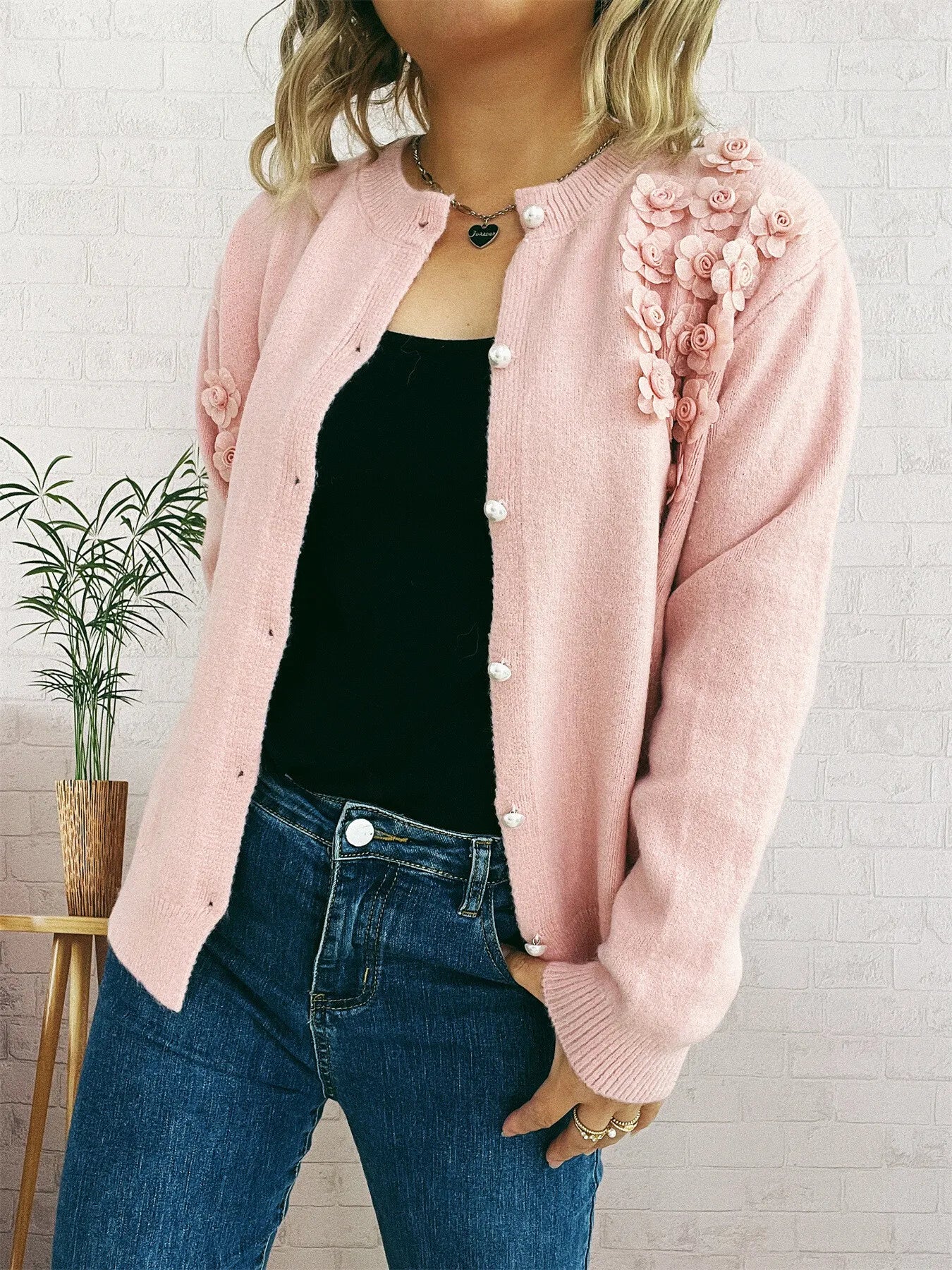 Flower Button Up Long Sleeve Cardigan - Fashorio