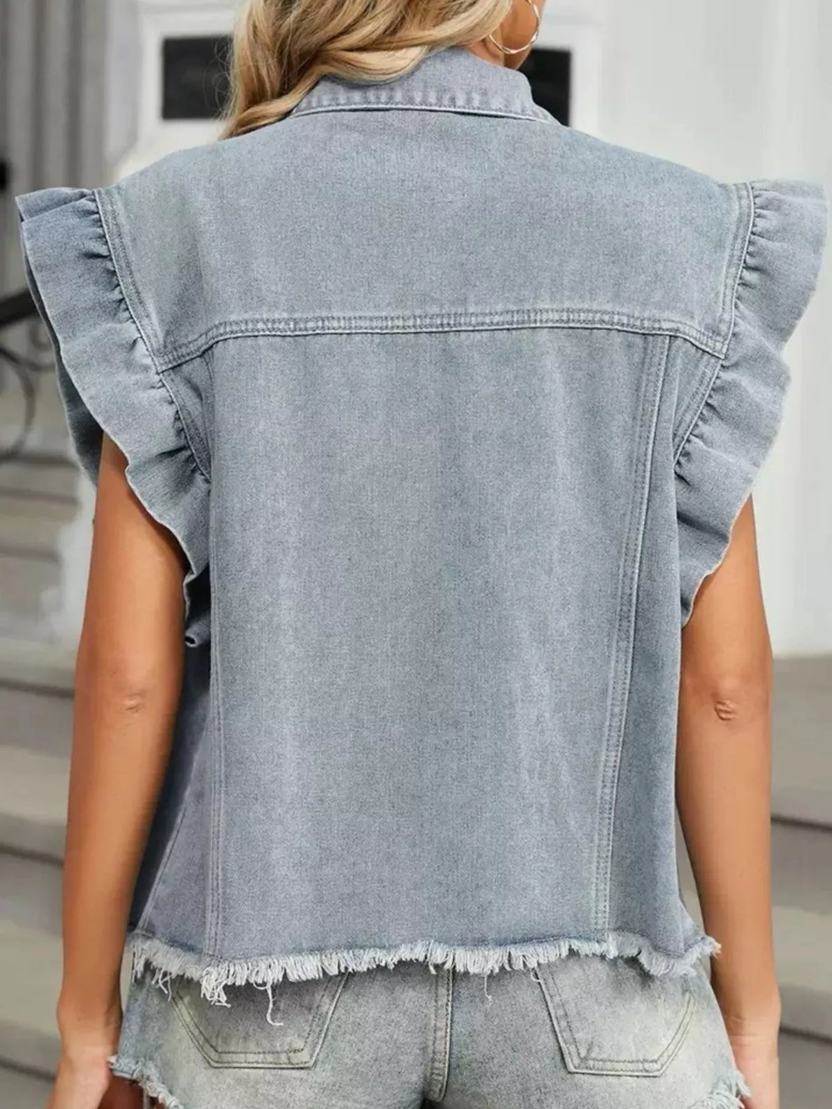 Ruffled Raw Hem Denim Jacket in Light Gray styled look