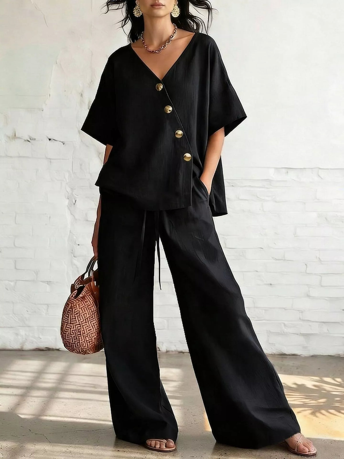 Back view of the surplice top and wide leg pants set