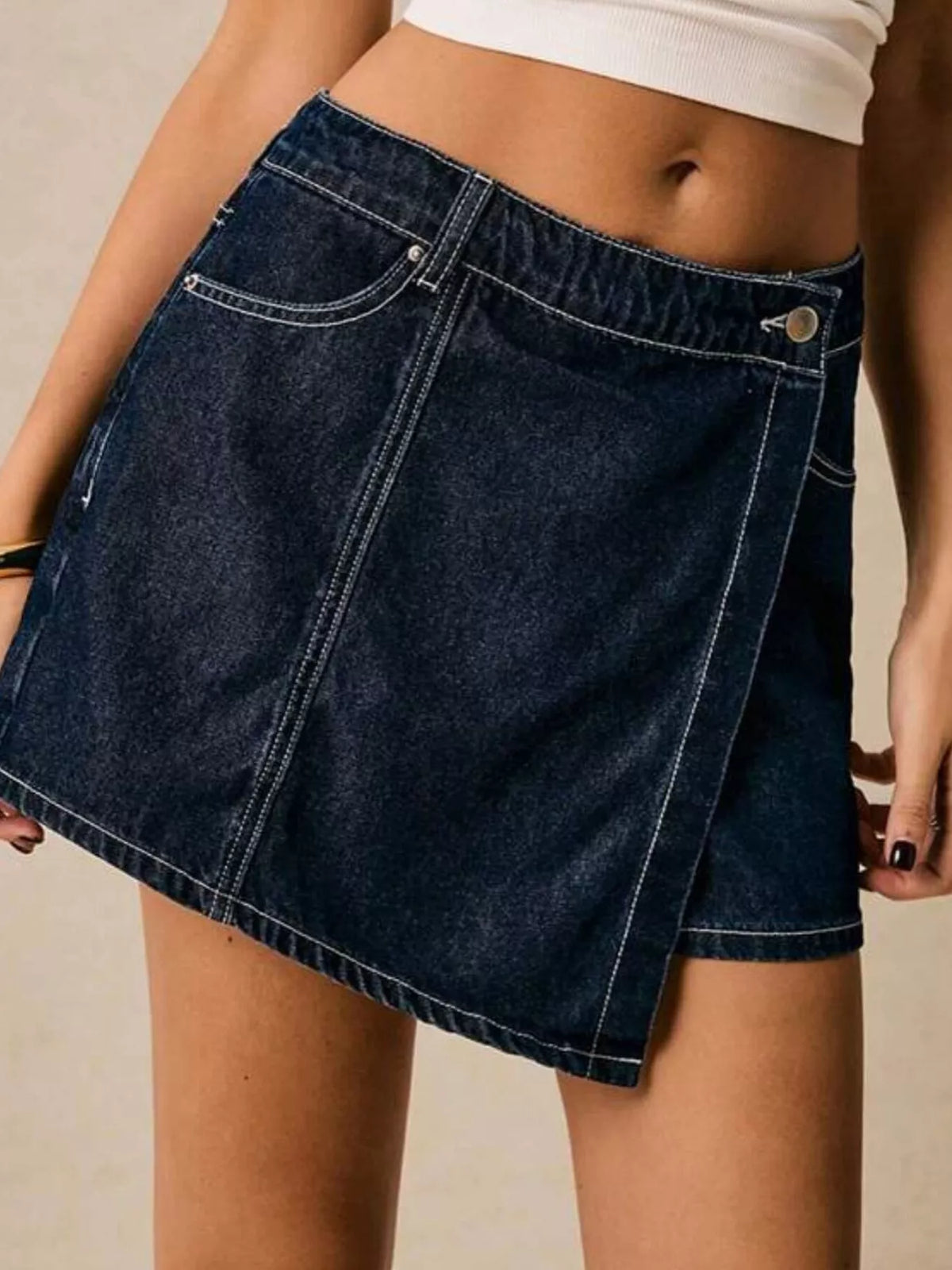 Blue denim two piece set fabric detail