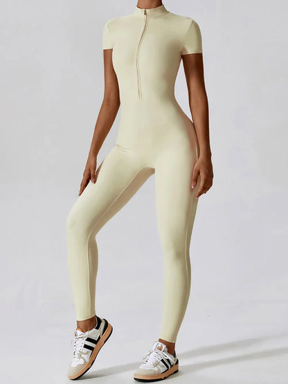 Basic Bae Half Zip Short Sleeve Active Jumpsuit - Fashorio