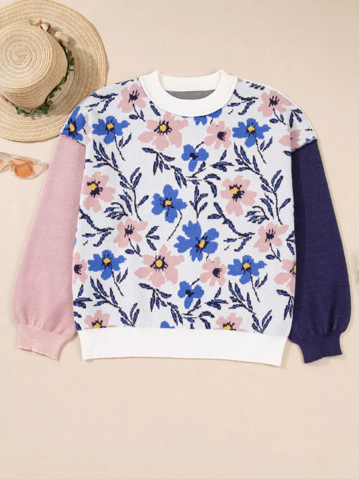 floral patchwork colorblock knit sweater back view