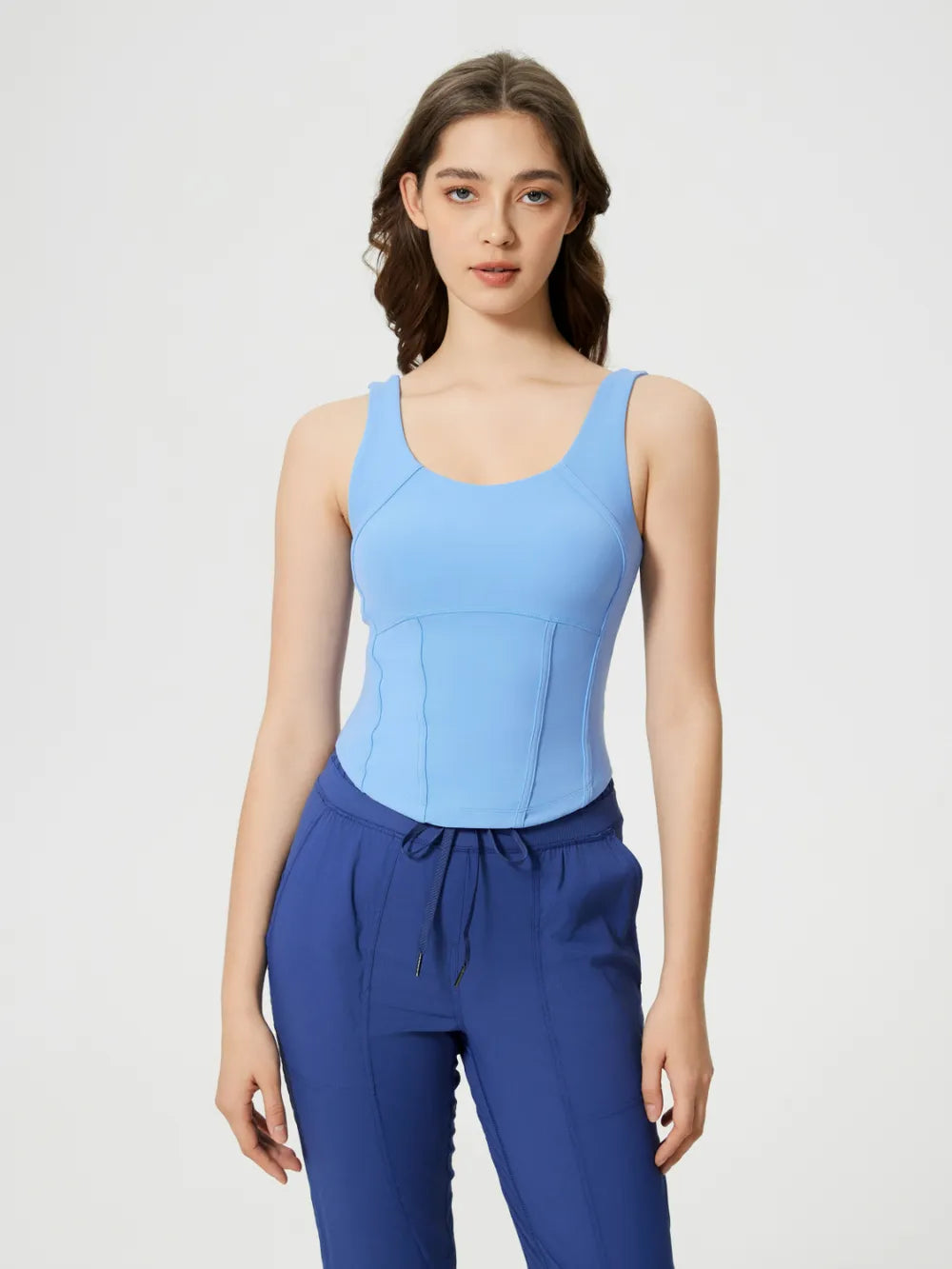 Round neck wide strap padded active tank angled view