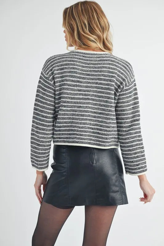 Aemi + Co Striped Button Down Round Neck Cardigan - Fashorio