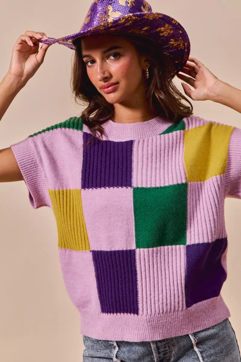 Check Plaid Casual Sweater Top in Lavender view 12