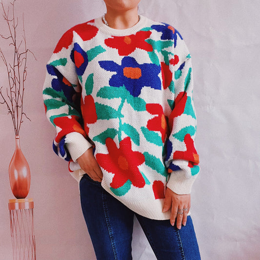 Floral Print Round Neck Drop Shoulder Sweater - Fashorio