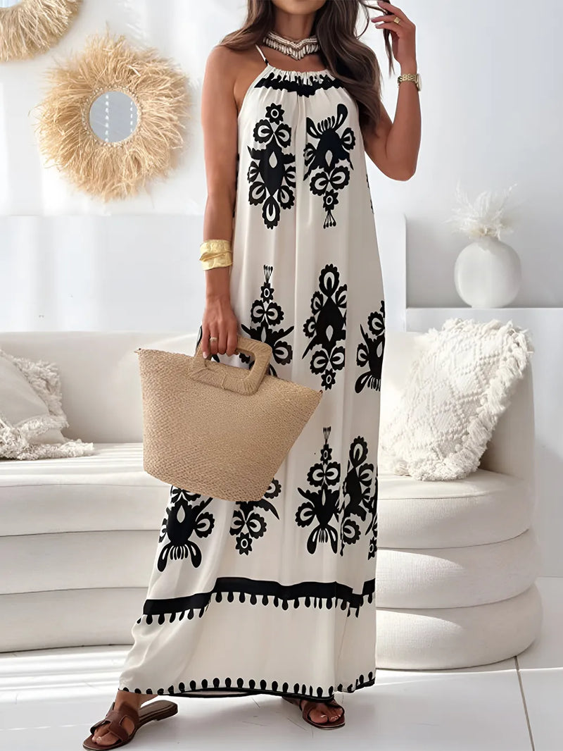 Printed spaghetti strap sleeveless maxi dress front