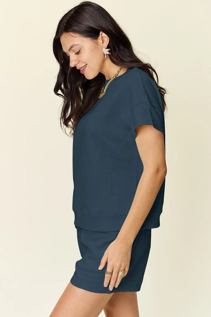 Double Take Full Size Texture Short Sleeve T-Shirt and Drawstring Shorts Set - Fashorio