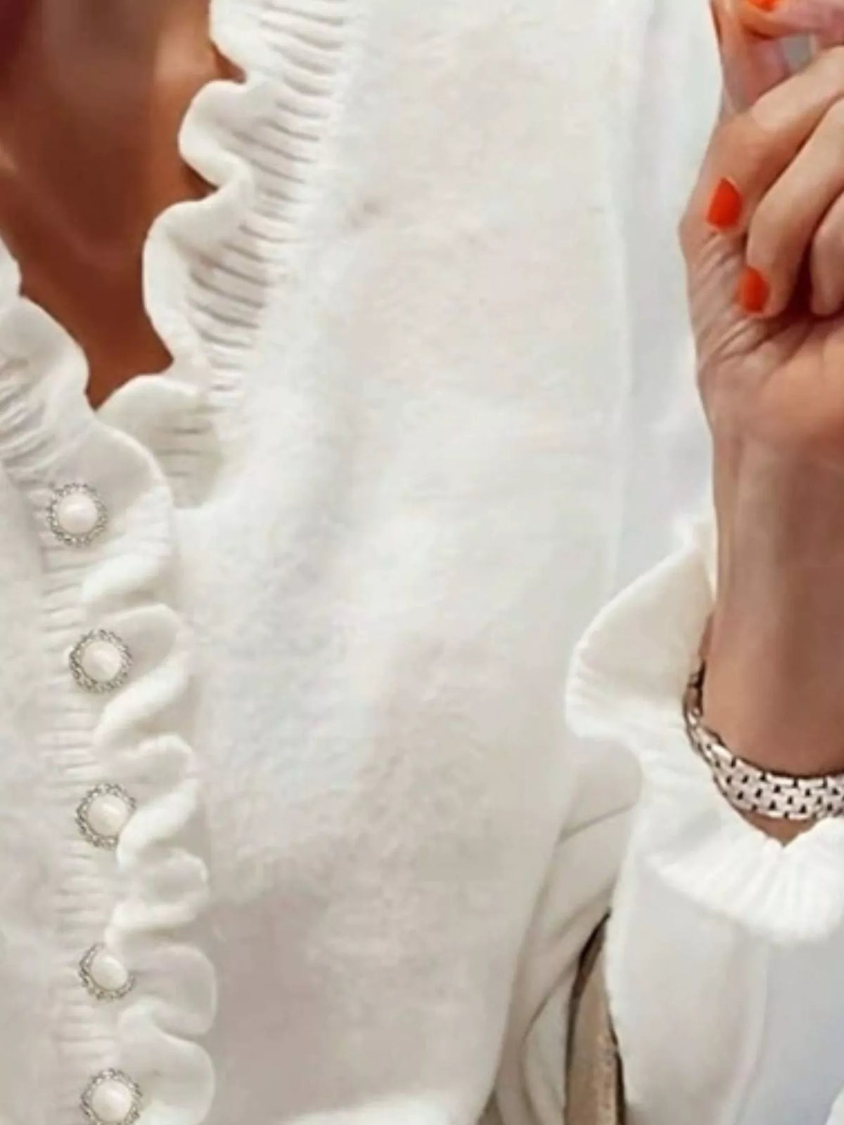 Ruffle Pearl Button Sweater on model