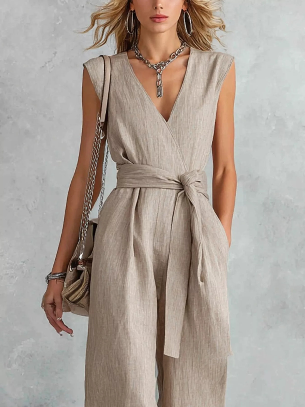 Wide leg jumpsuit side view showing long fluid leg