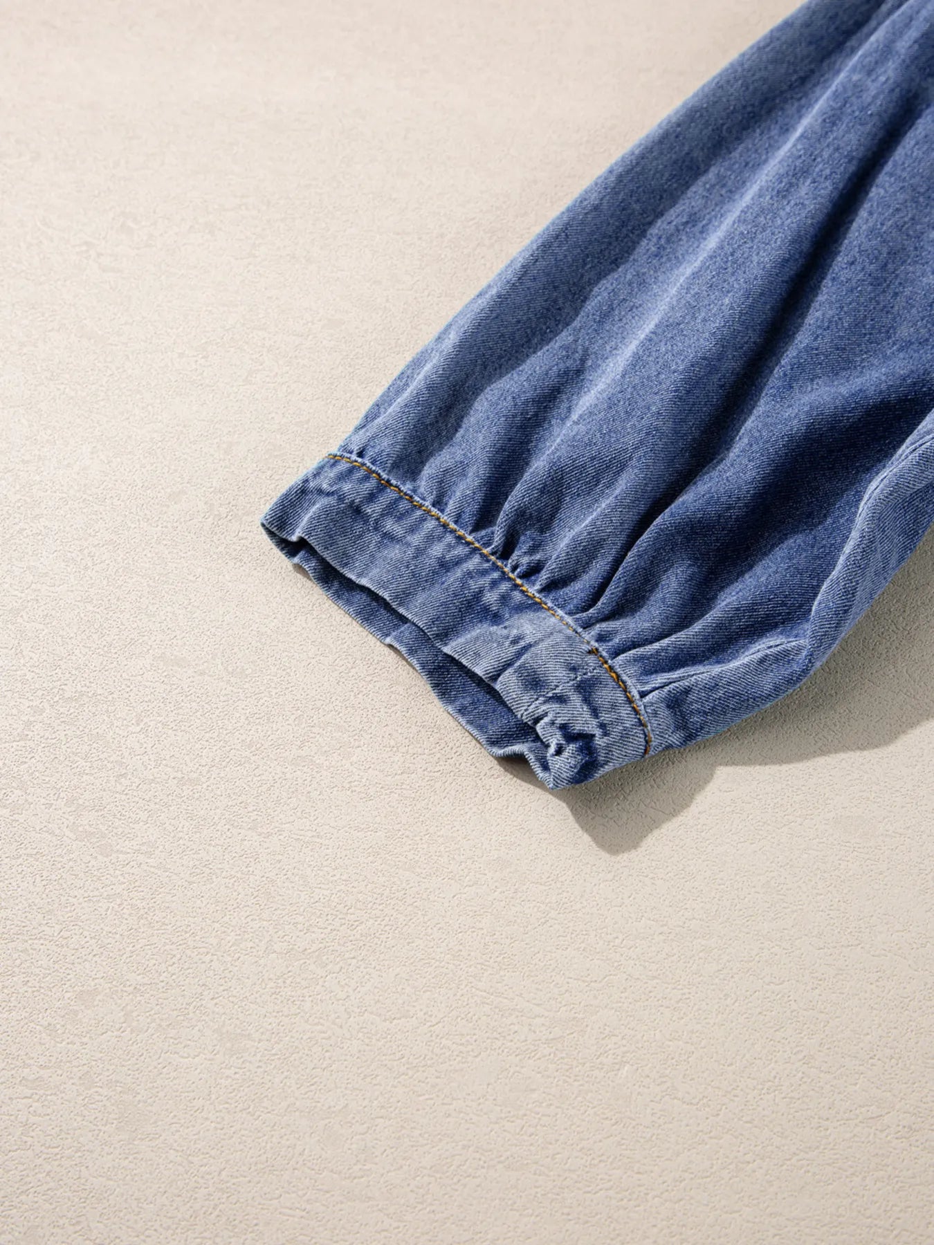 3/4 Sleeve Ruffled Patched Pocket Denim Blouse - Fashorio