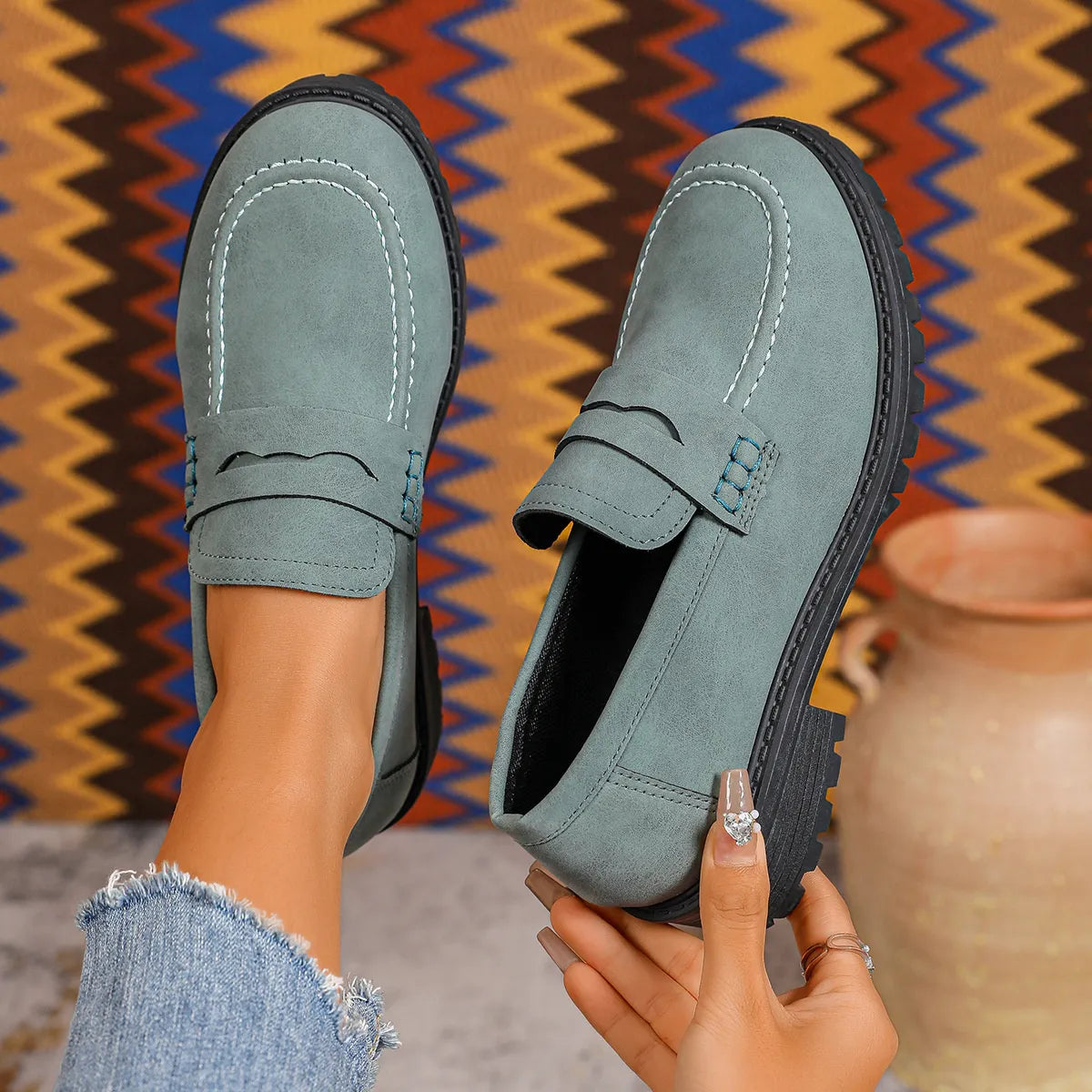 Round Toe Block Heels Loafers Green - Fashorio