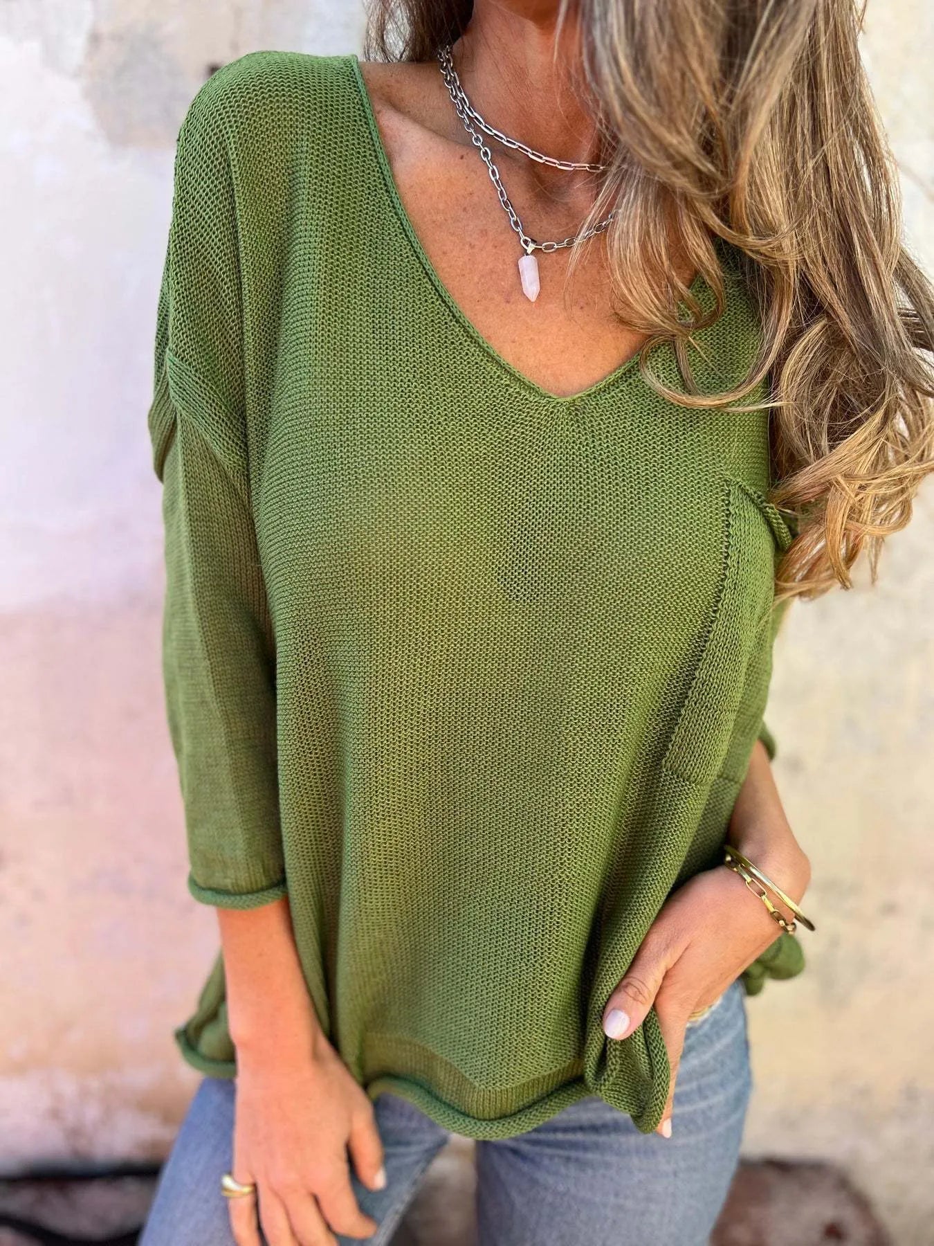 Full Size Casual V-Neck Knit Sweater Plus Size - Fashorio