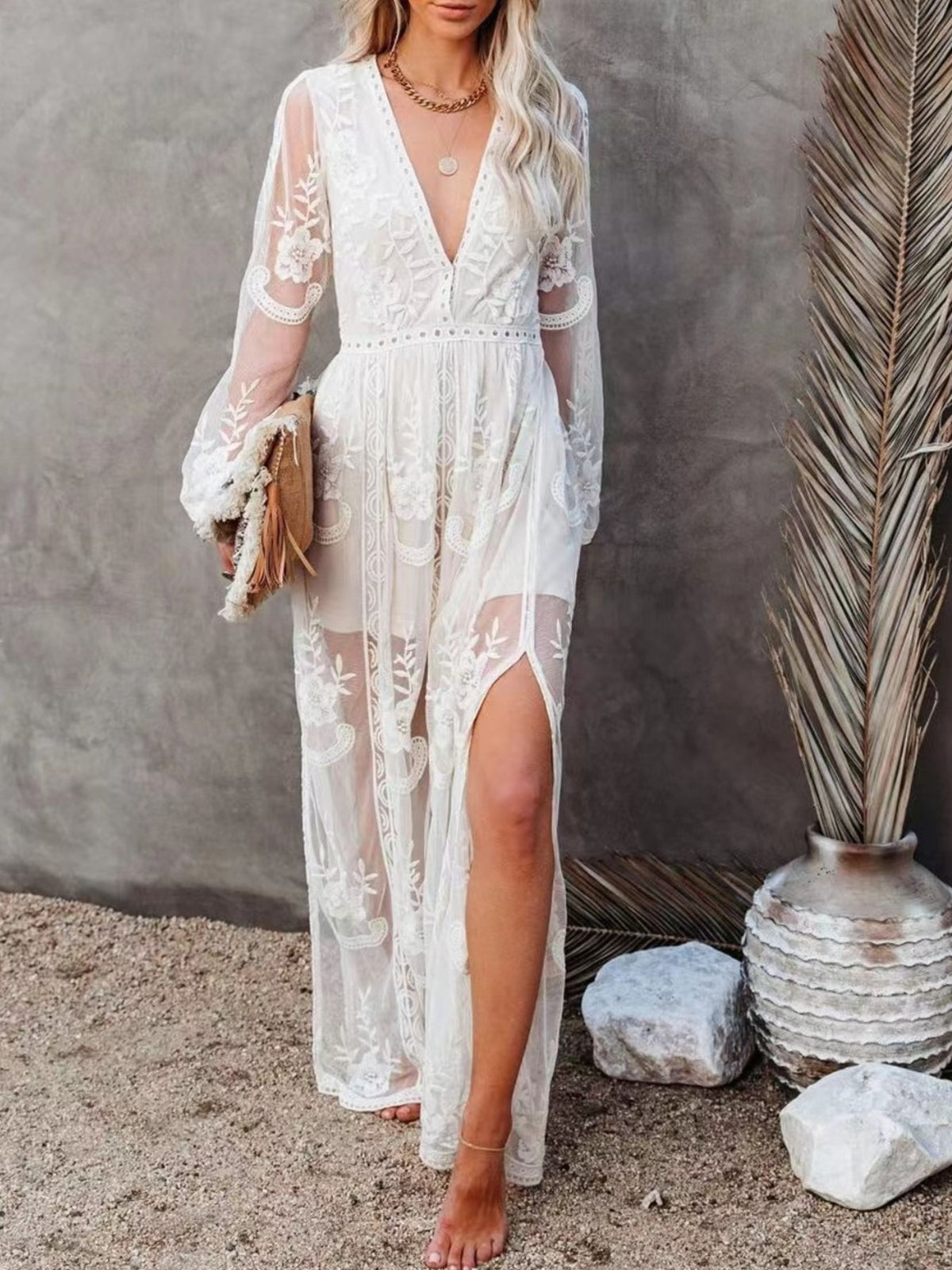 Floral lace slit maxi dress detail view