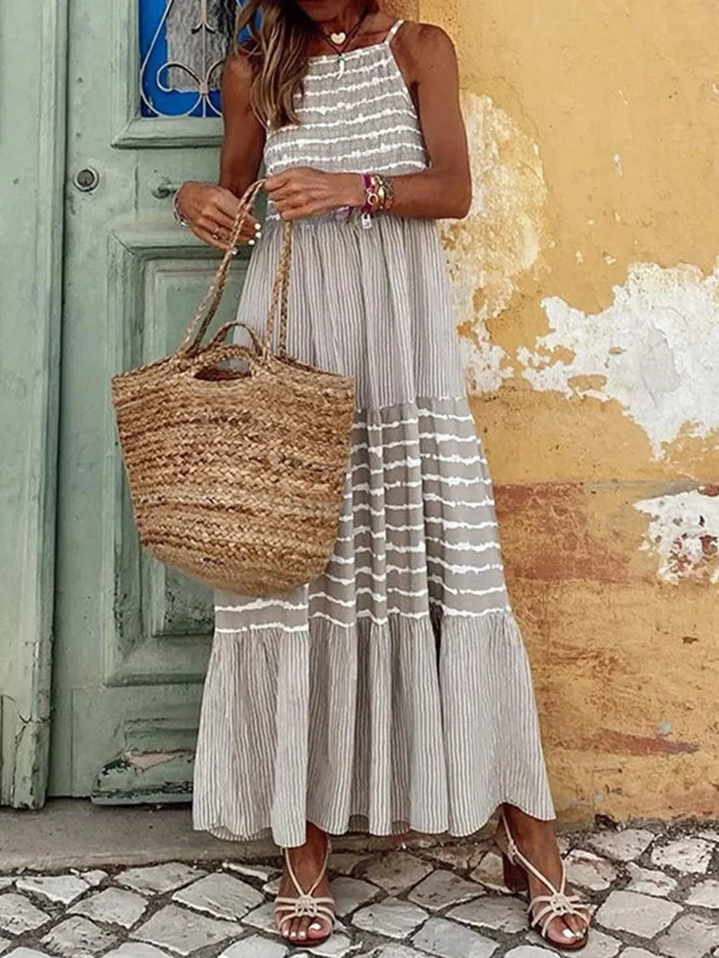 Tiered striped sleeveless cami dress in light gray front view