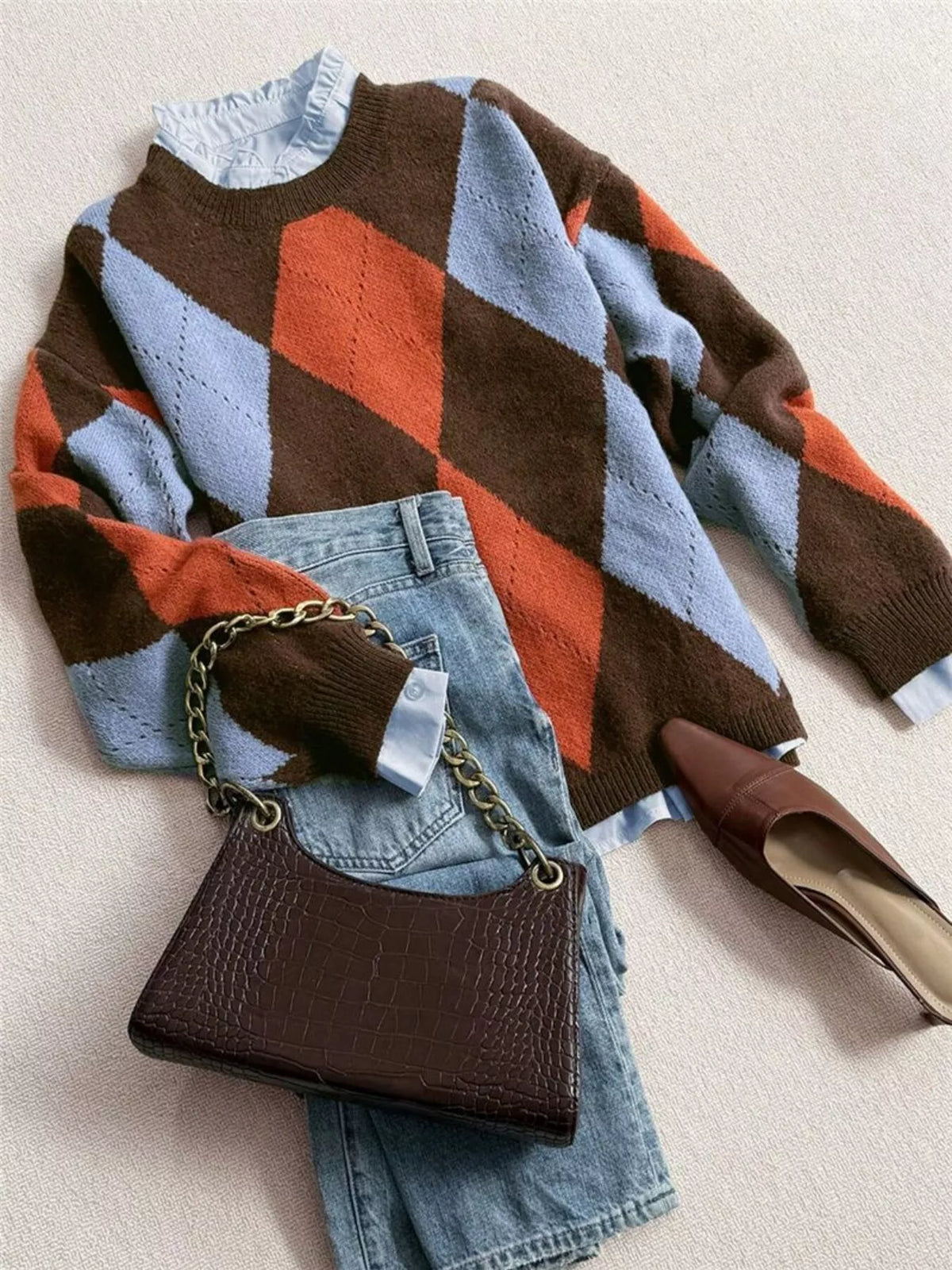 vintage argyle round neck sweater side view