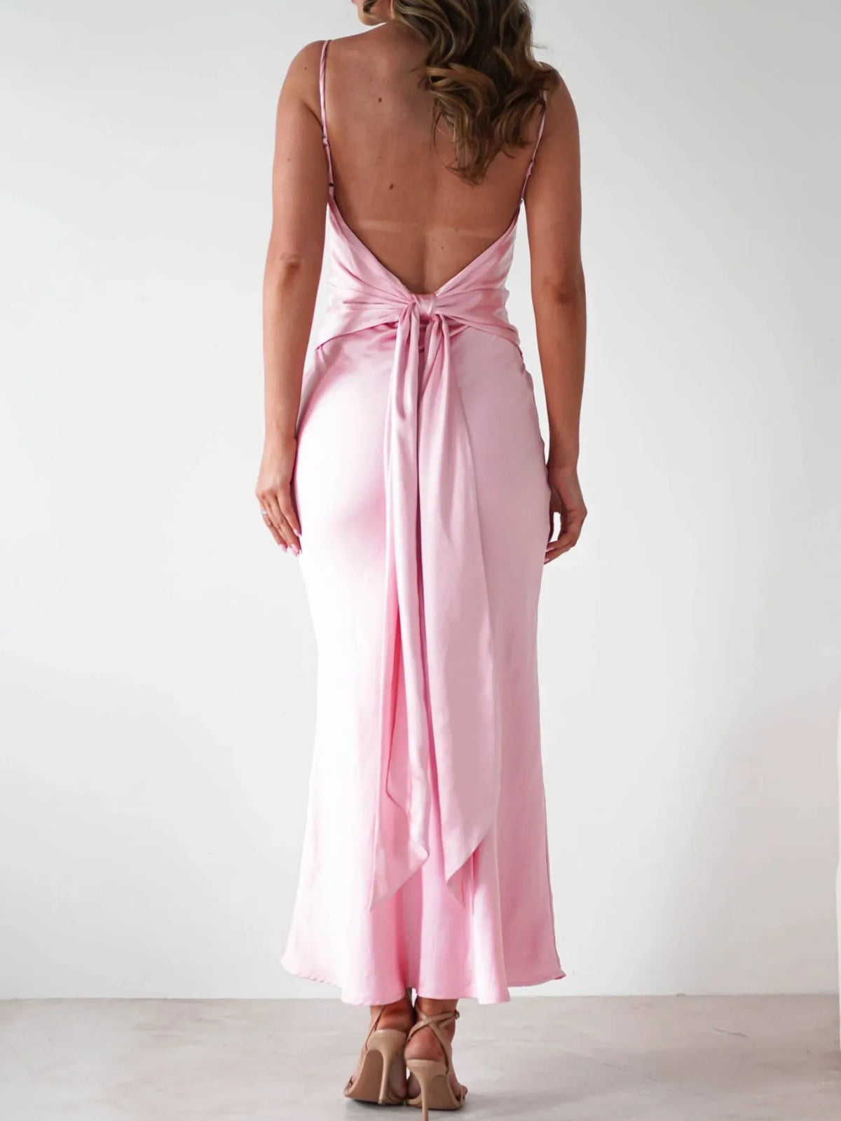 satin backless cami dress full outfit view