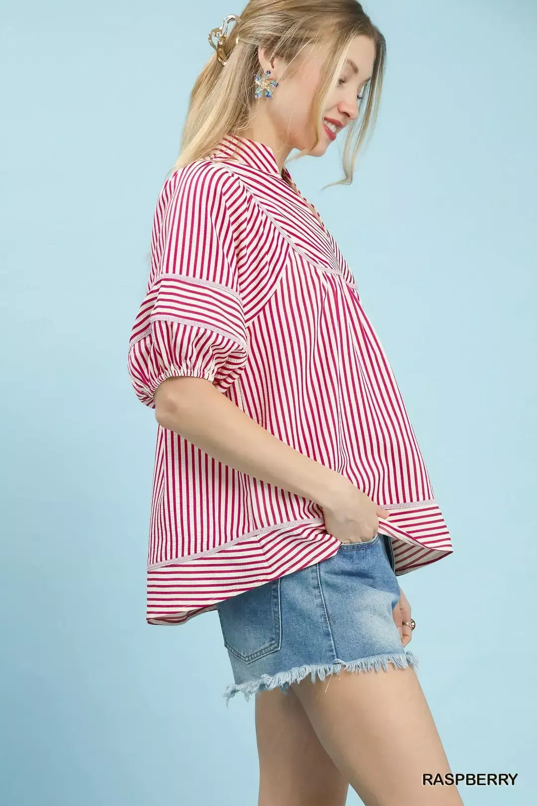 Raspberry striped top puff sleeve detail
