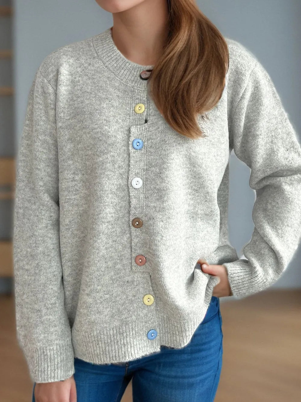 Button Down Long Sleeve Cardigan Light Gray One Size - Fashorio