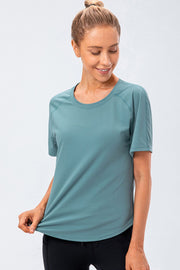 Round Neck Raglan Sleeve Active Tee Teal - Fashorio