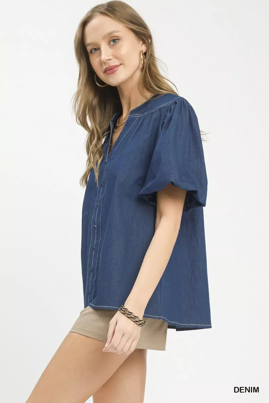 Umgee denim button front boho blouse styled outfit