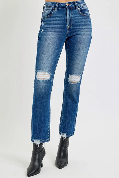 RISEN Full Size High Rise Distressed Crop Straight Jeans - Fashorio