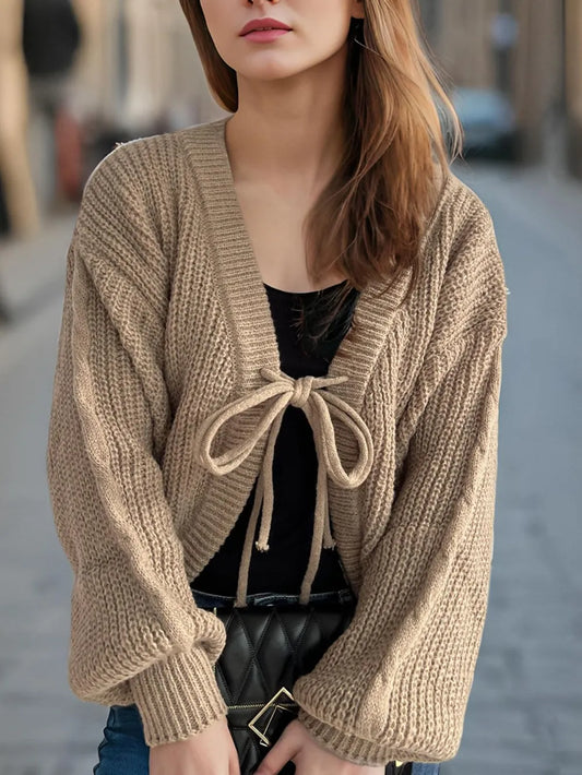 Tied Dropped Shoulder Long Sleeve Cardigan Camel One Size - Fashorio