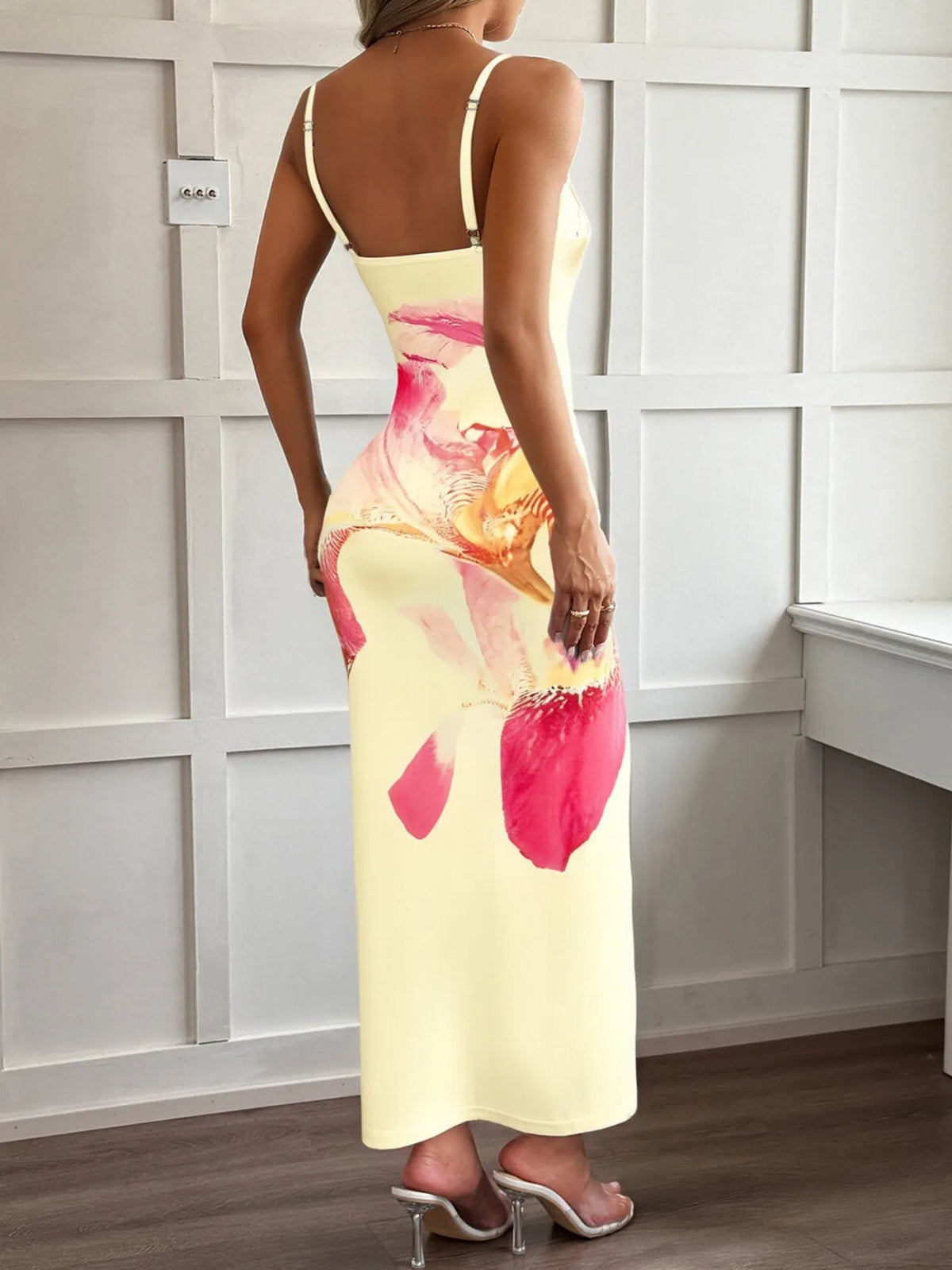 printed spaghetti strap bodycon maxi dress full length view
