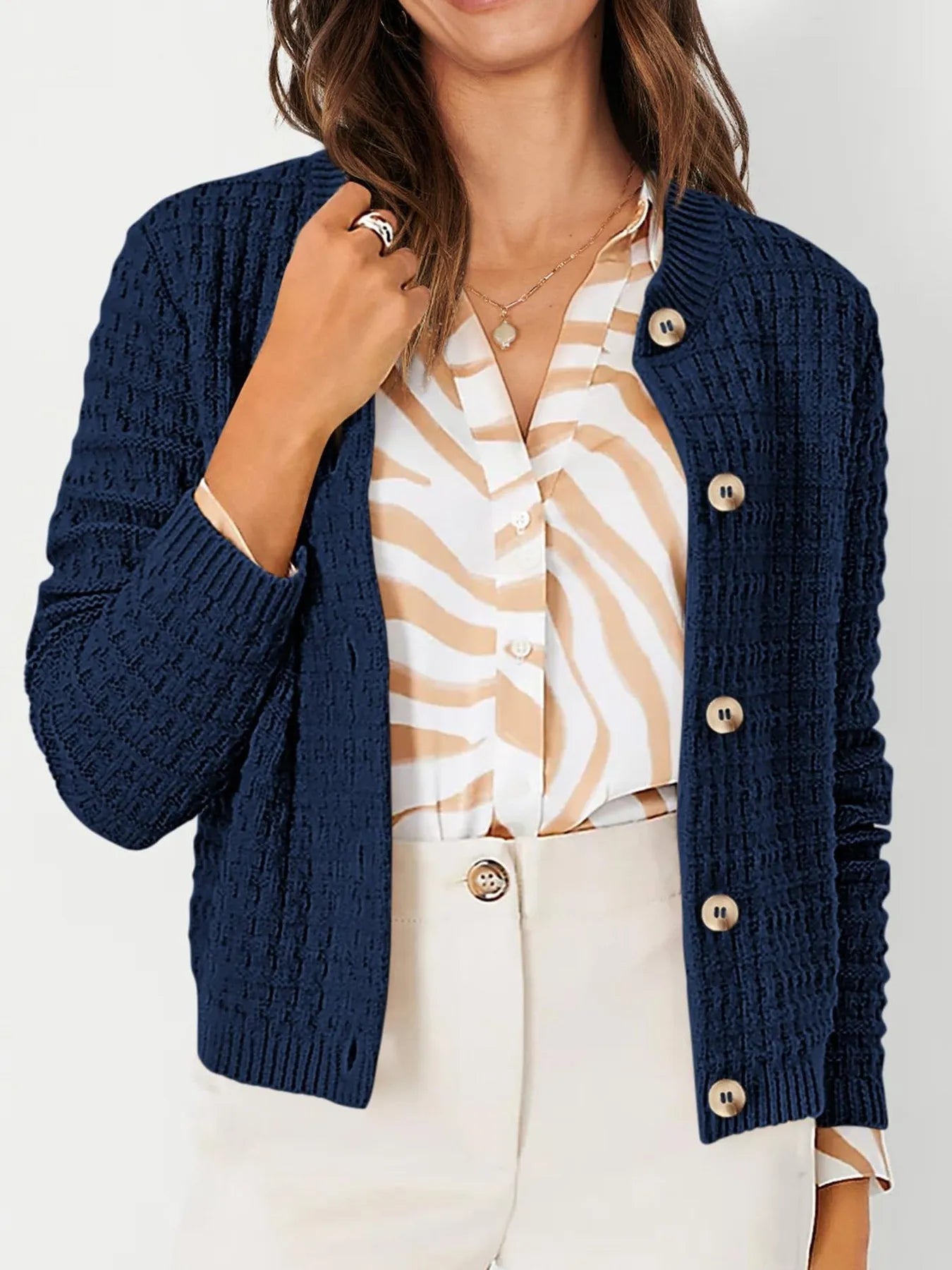 Textured Knit Button-Front Cardigan Navy Blue - Fashorio
