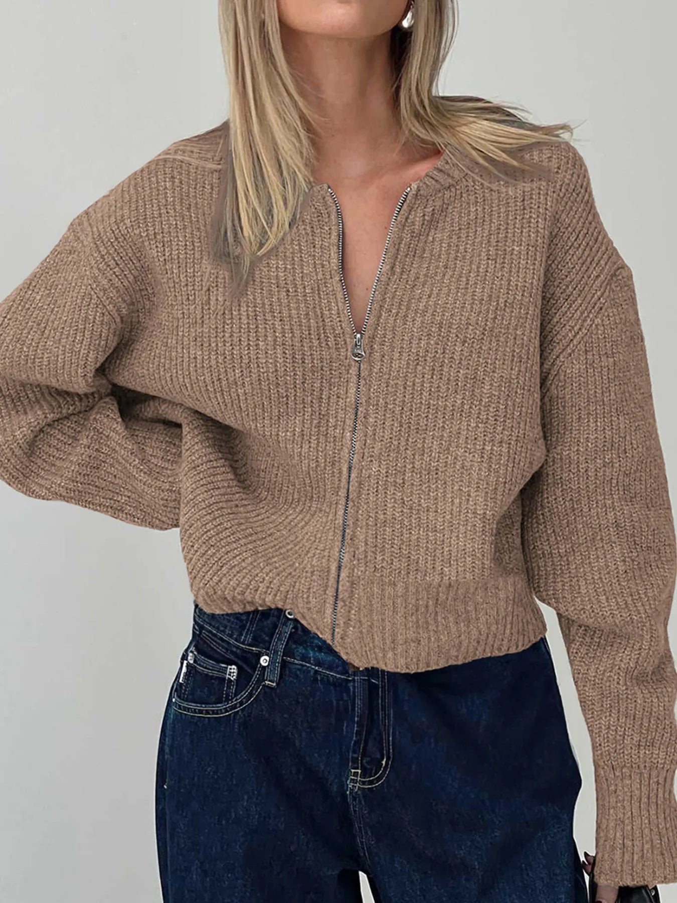 Zip Up Long Sleeve Cardigan Brown - Fashorio