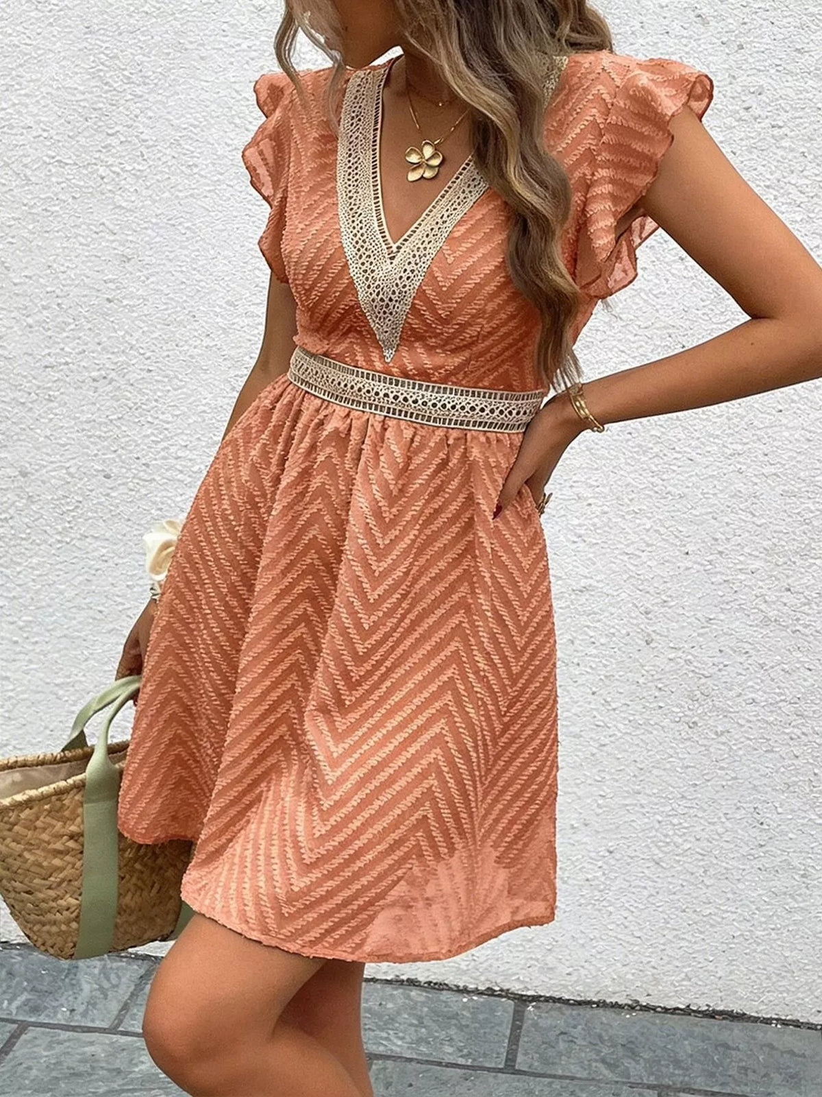 V neck ruffle sleeve mini dress, front view