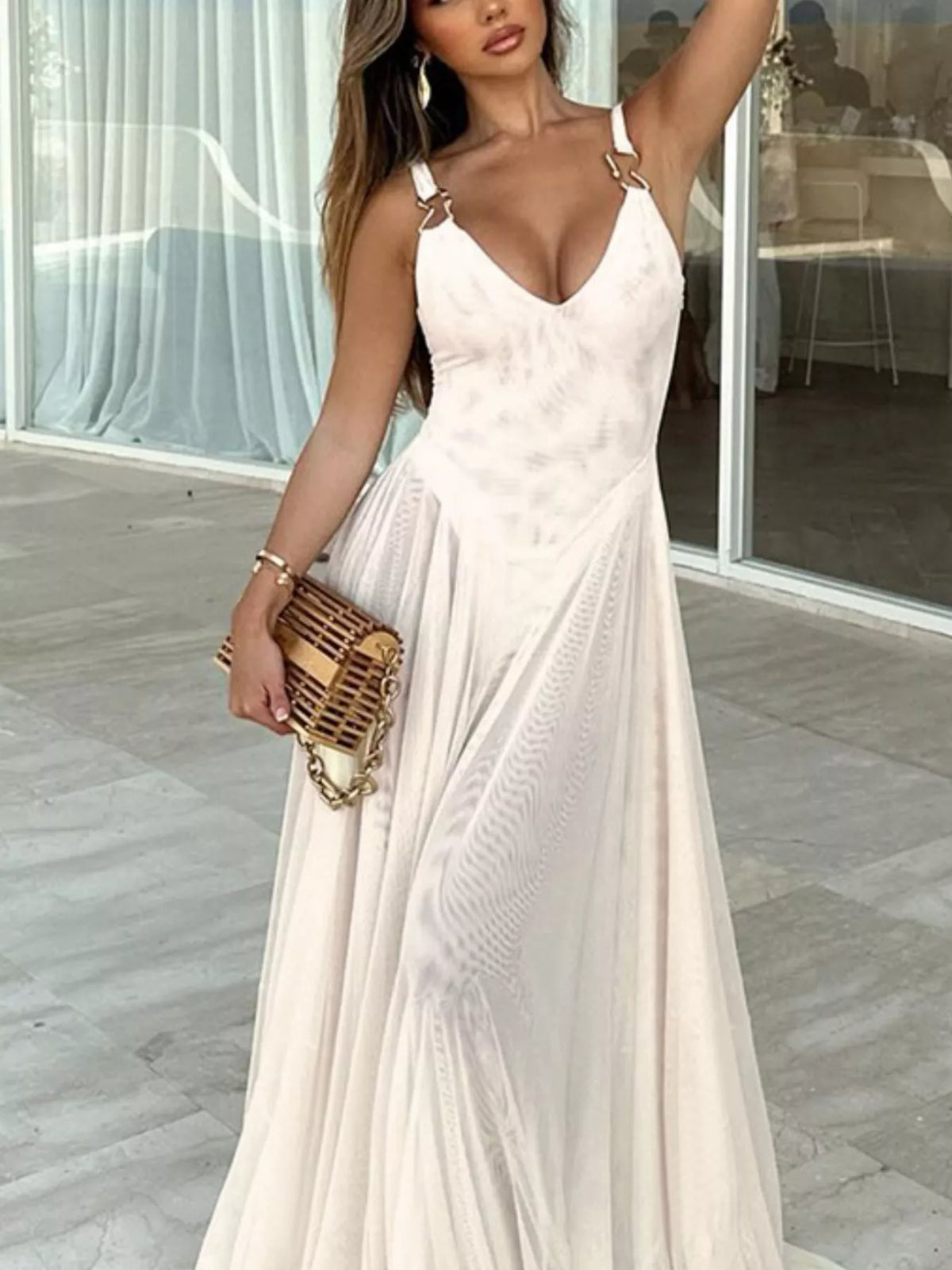 Sheer pleated sleeveless maxi dress side profile
