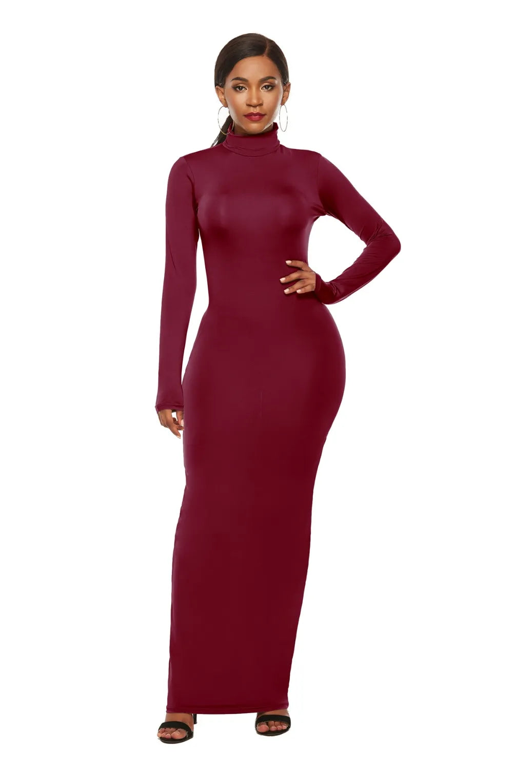 Fitted mock neck maxi dress back view