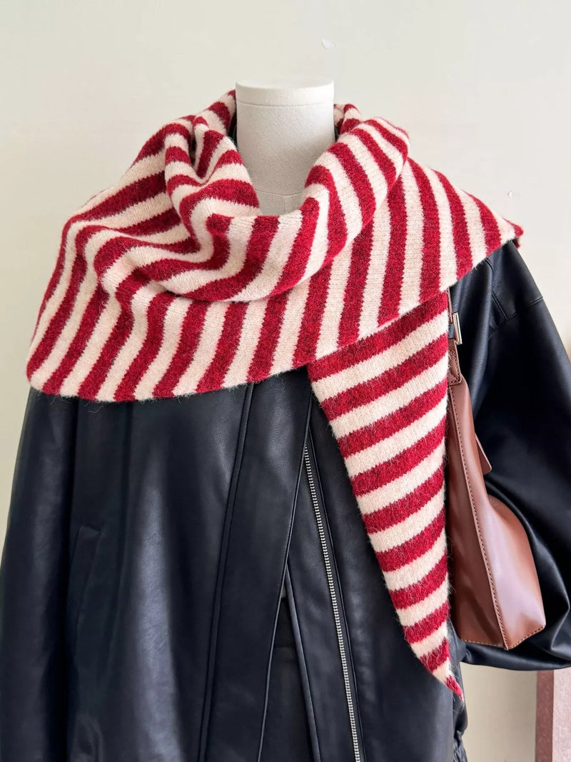 Striped knitted winter scarf in deep red