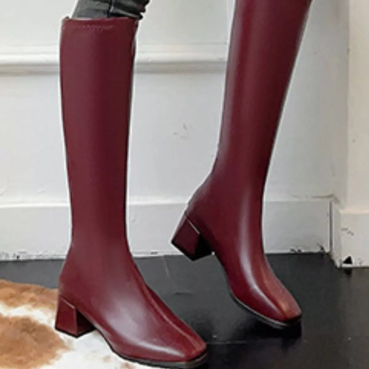 Square toe block heel boots, top down view