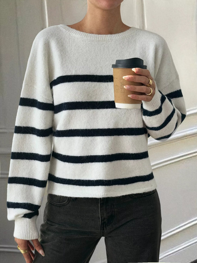 blue striped long sleeve knit top front view