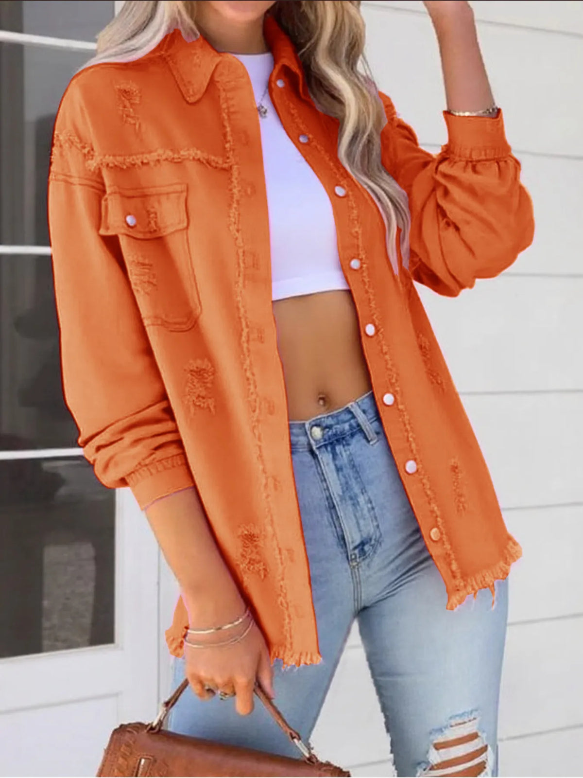 Distressed Frayed Edge Denim Jacket in Camel