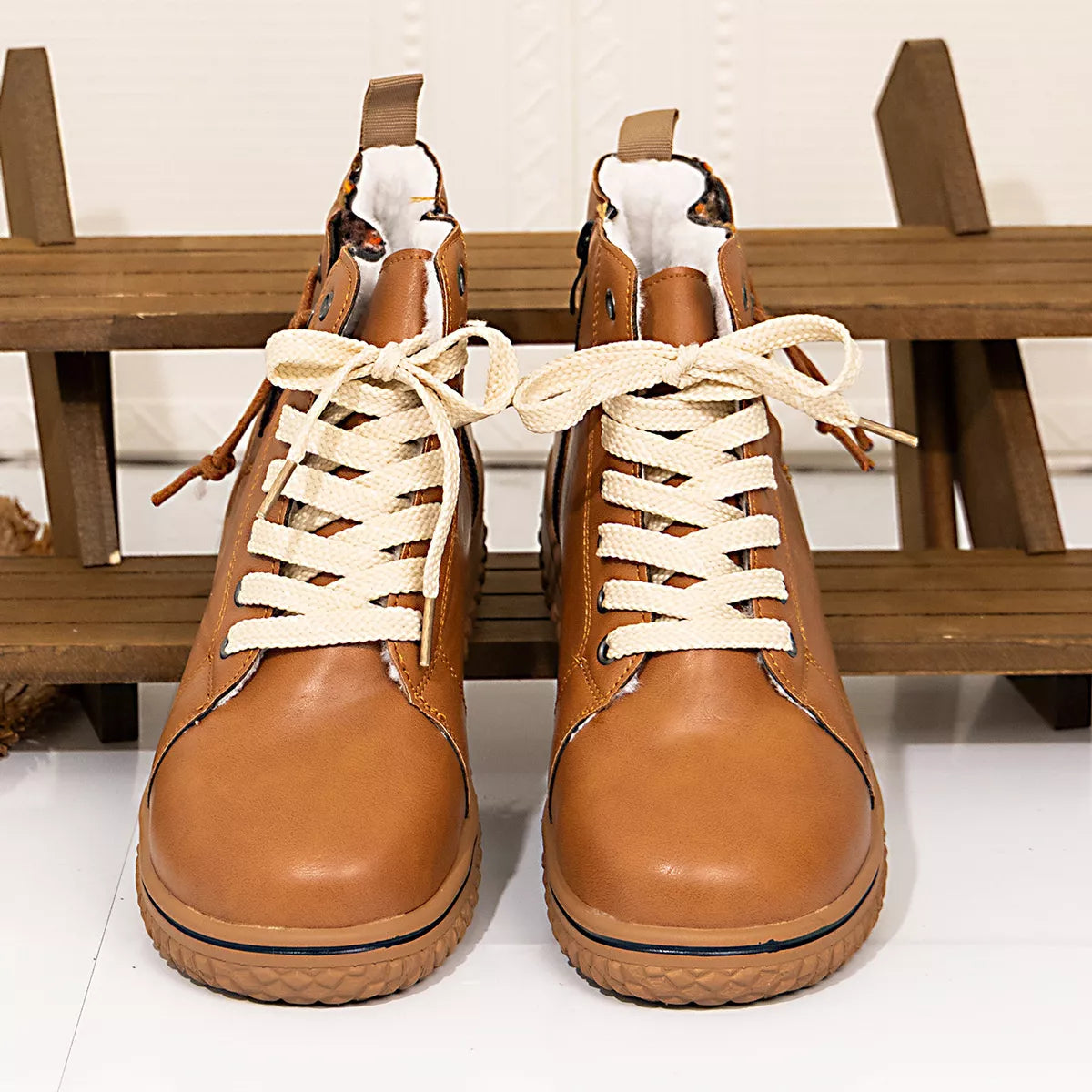 Round Toe Platform Boots laced detail