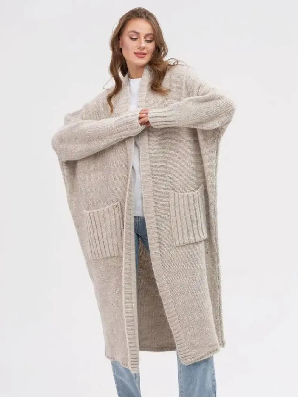 Pocketed Open Front Long Sleeve Longline Cardigan - Fashorio