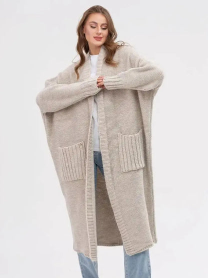 Pocketed Open Front Long Sleeve Longline Cardigan - Fashorio
