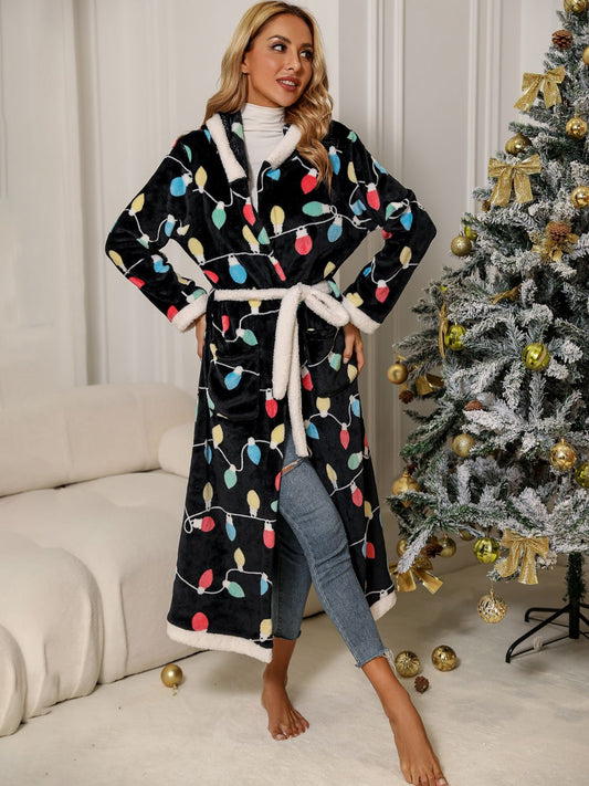 Tie Waist Hooded Robe Black - Fashorio