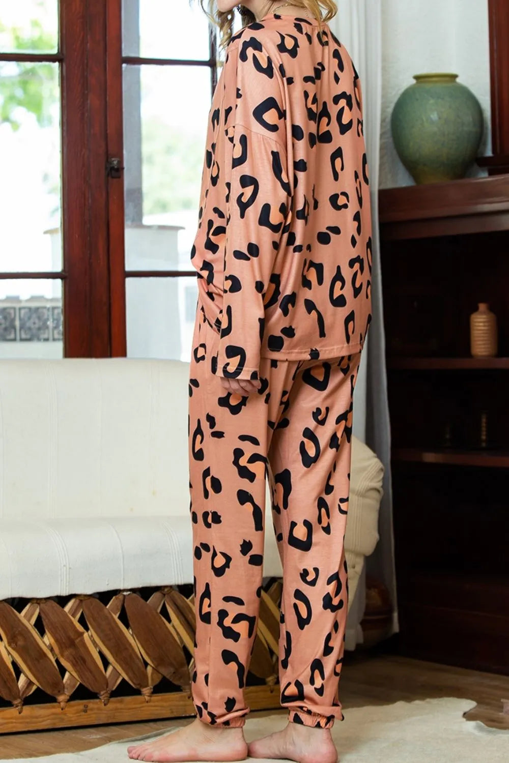 Leopard Round Neck Top and Drawstring Pants Lounge Set - Fashorio