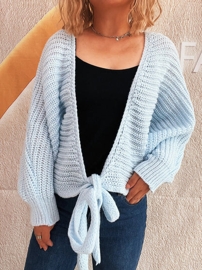 Tie Front Long Sleeve Cardigan Blue One Size - Fashorio