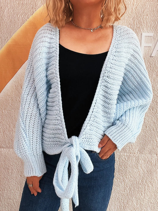 Tie Front Long Sleeve Cardigan Blue One Size - Fashorio