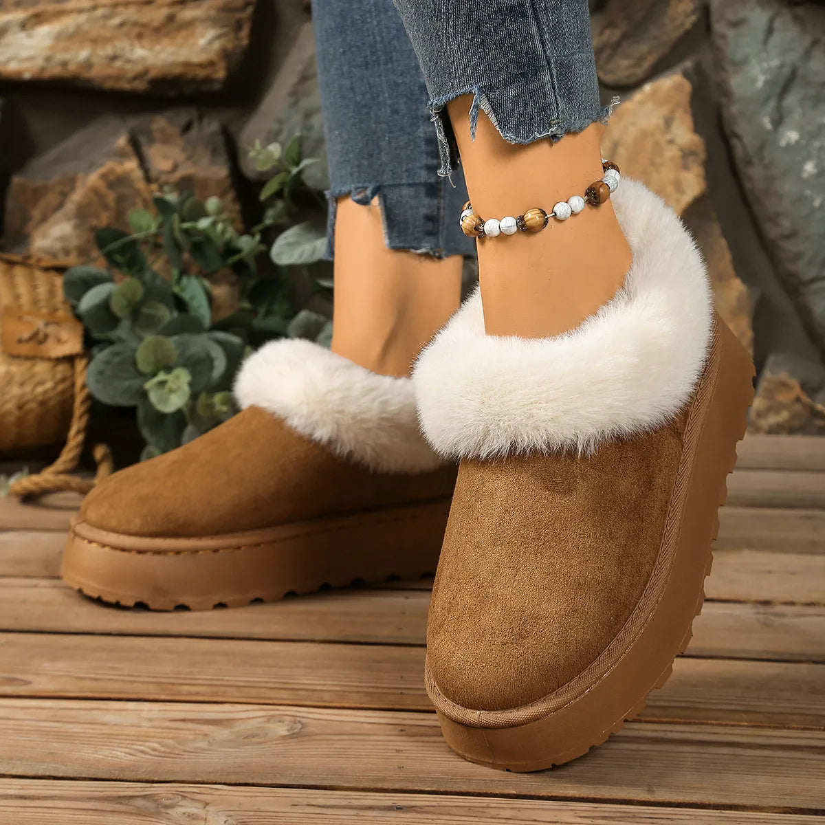 Fuzzy trim round toe platform boots side profile
