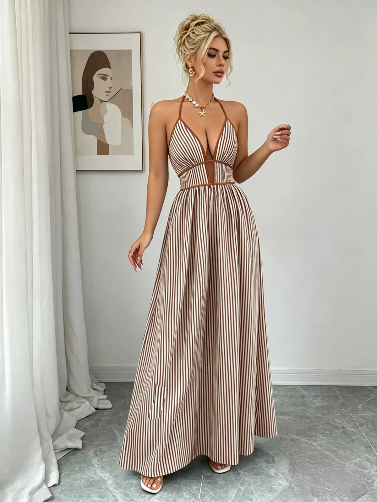 Pink striped halter neck maxi dress front view