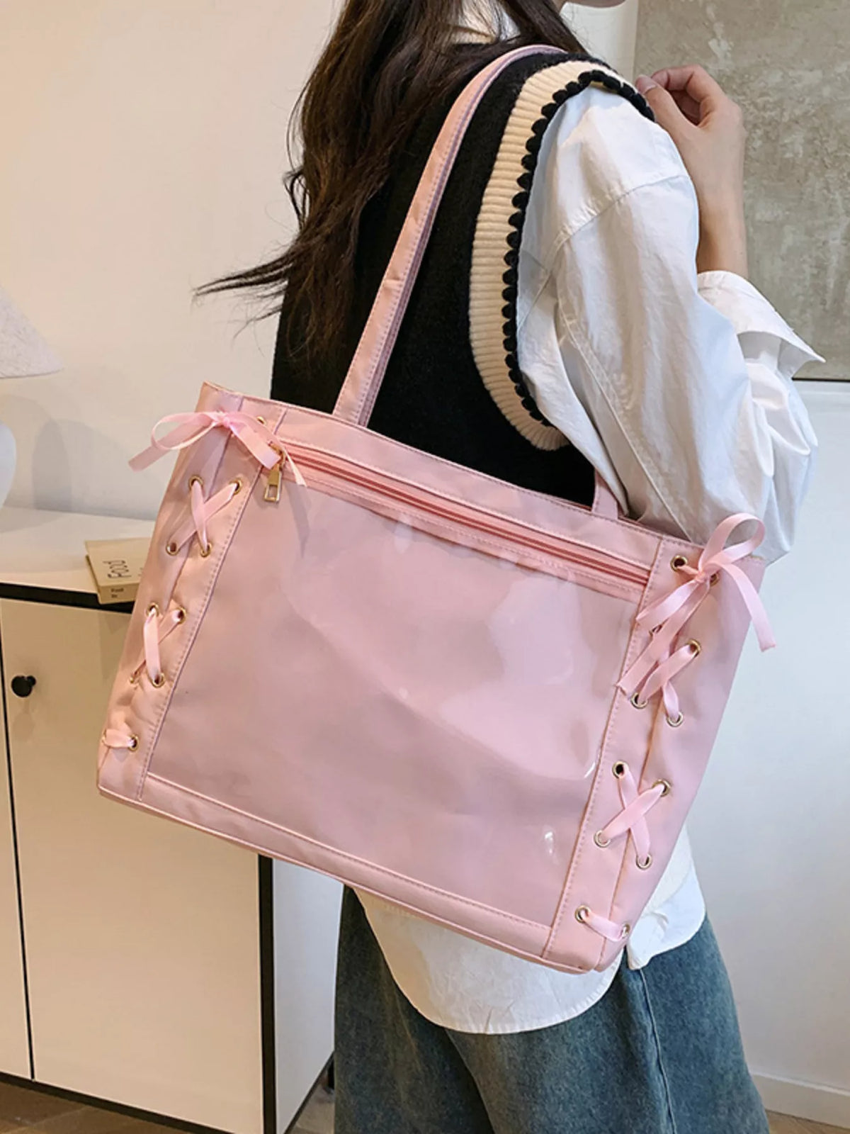 Pink clear panel shoulder bag view