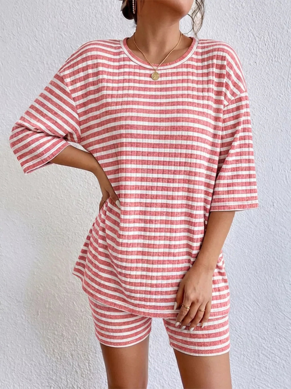 Striped round neck two piece set side view