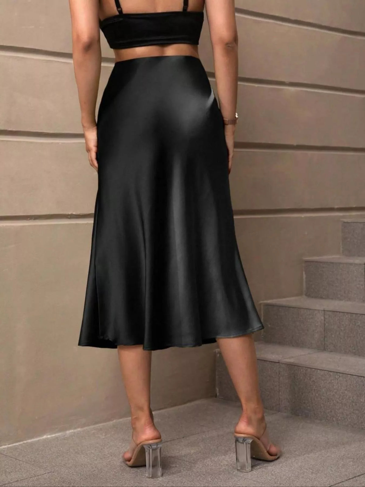 black satin midi skirt detail view